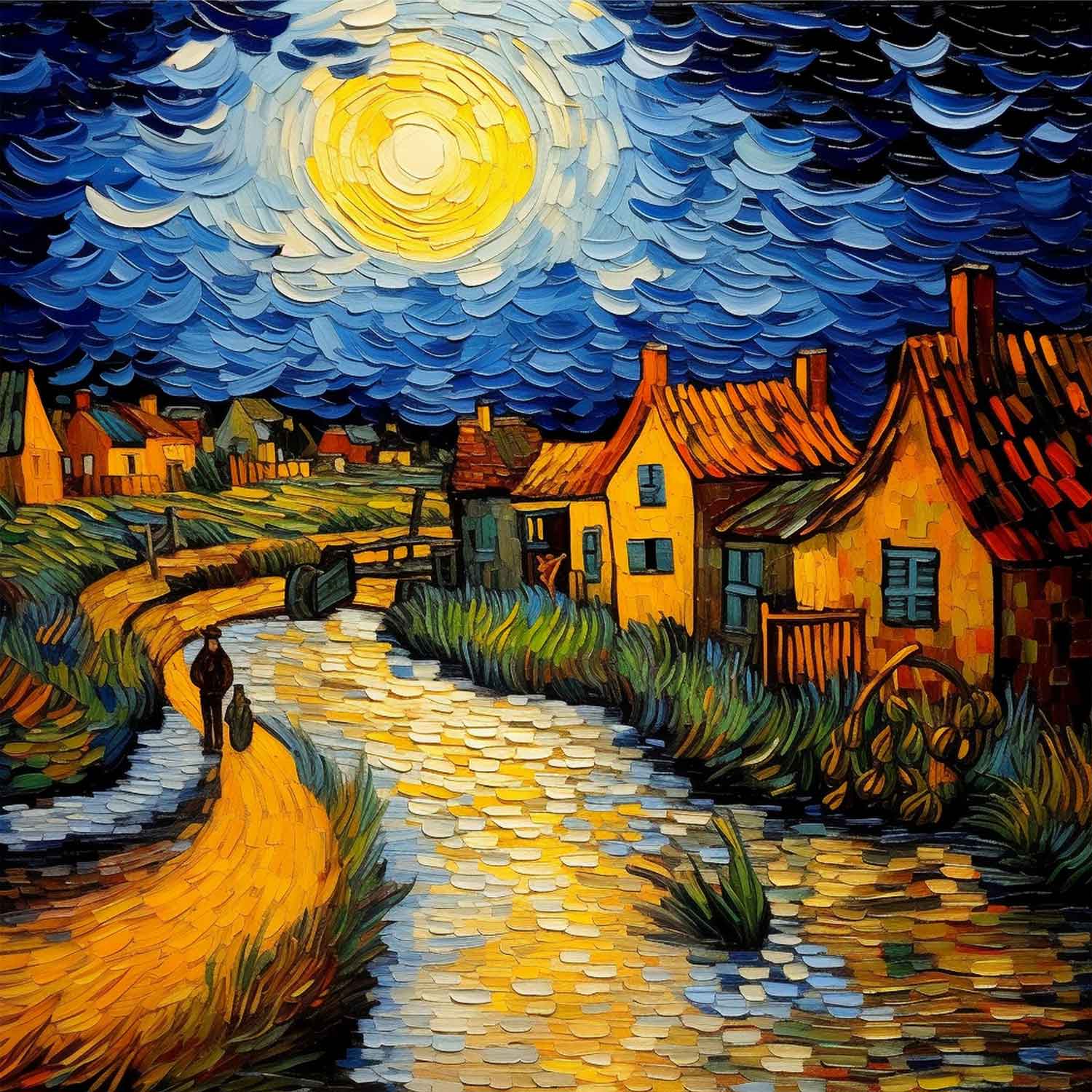 A canvas print depicting a vibrant painting of a village scene with houses and a church, under a blue sky with a prominent yellow moon, displayed on a wall above a modern sofa set.