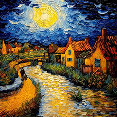 A canvas print depicting a vibrant painting of a village scene with houses and a church, under a blue sky with a prominent yellow moon, displayed on a wall above a modern sofa set.