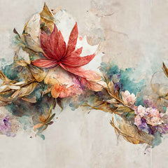 A canvas print featuring a floral painting with a mix of vibrant colors displayed on a wall between two wooden chairs and a small round table with a decorative item on top.