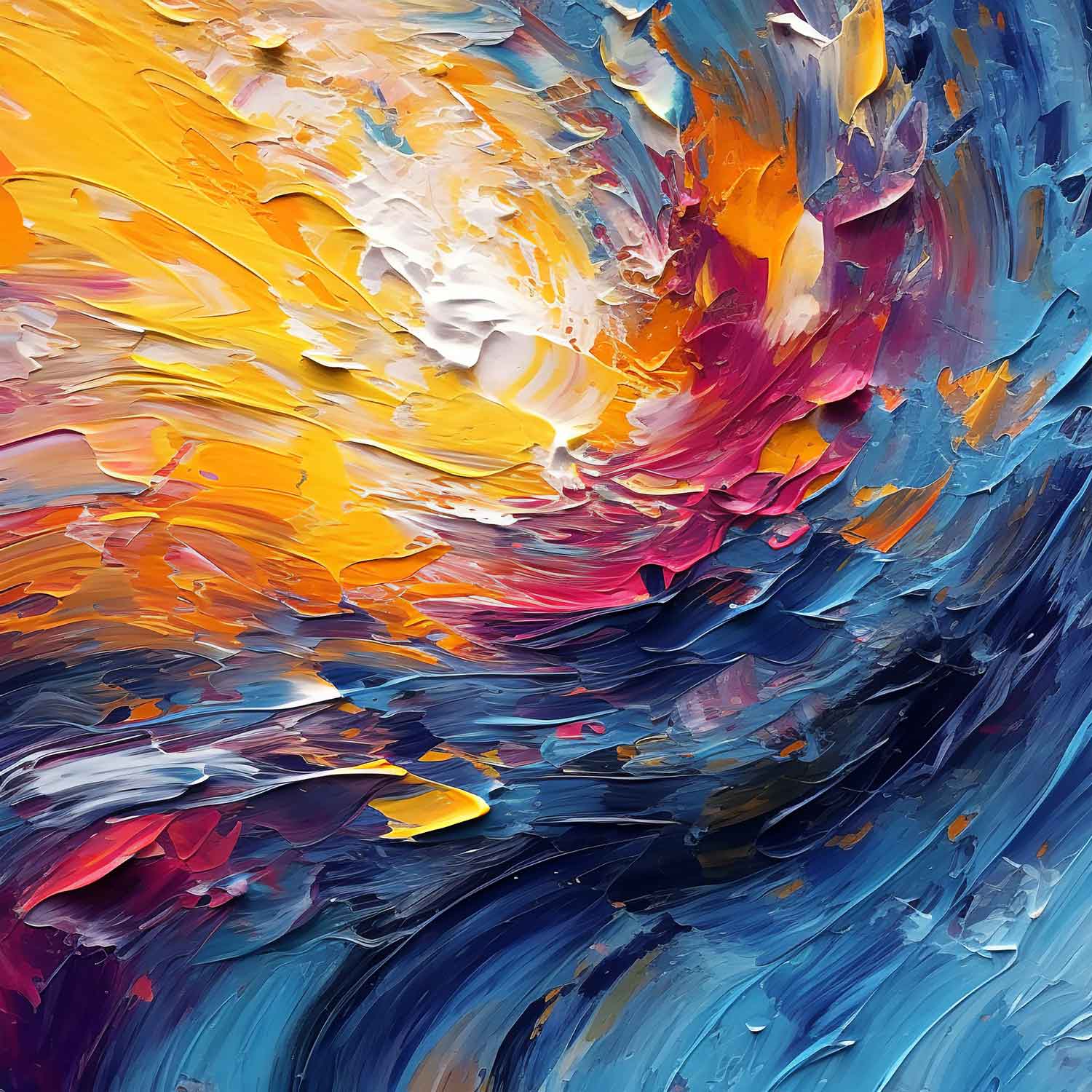 A vibrant abstract painting with dominant blue and yellow tones, displayed on a wall above a white armchair and a wooden side table with a plant.