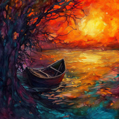 A canvas painting featuring an abstract floral pattern with a boat and tree, displayed above a sofa in a room setting.