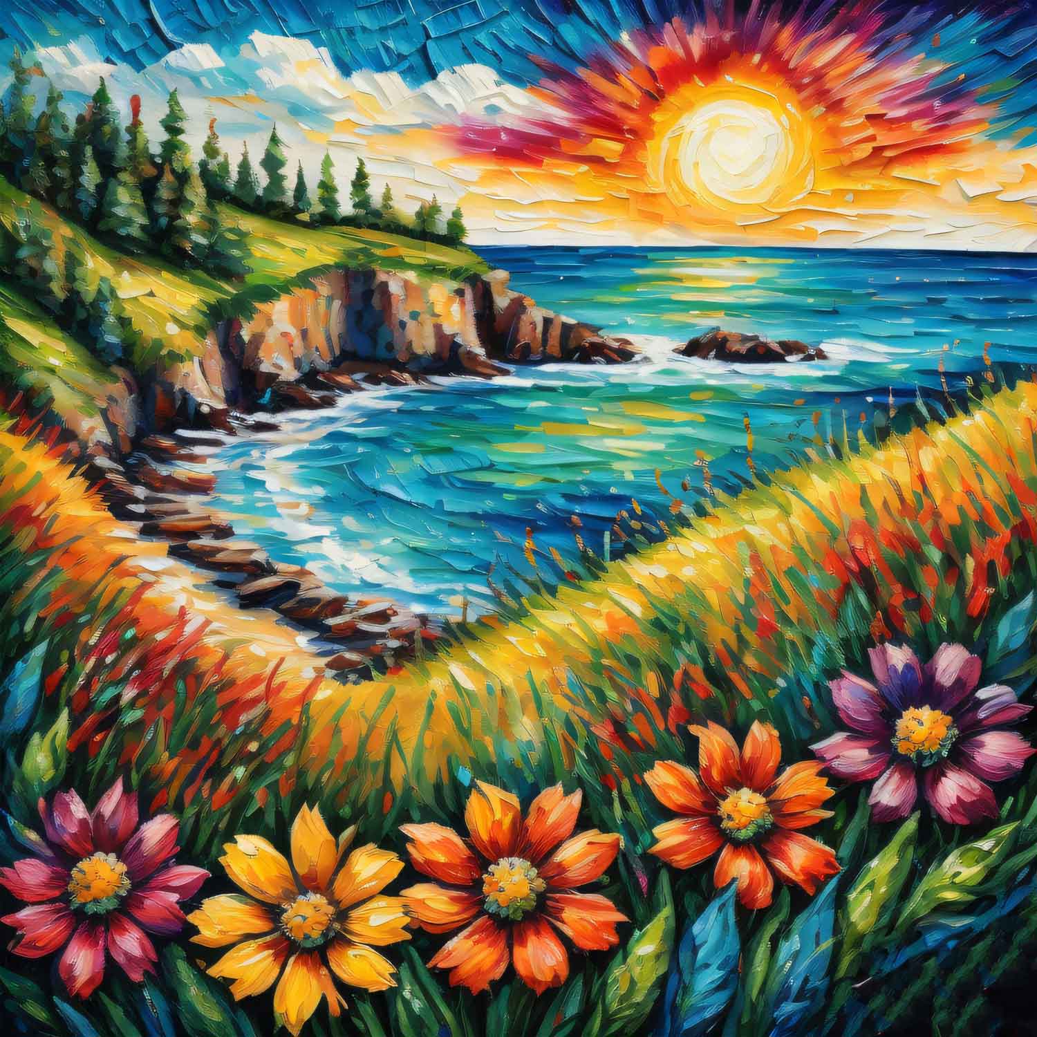 A vibrant canvas print featuring a colorful floral and ocean scene with a sunset, displayed in a modern interior setting with a white armchair and wooden table.