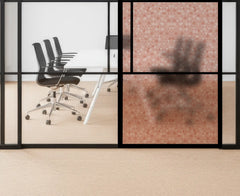 Modern office setting with glass walls, chairs, and a table.