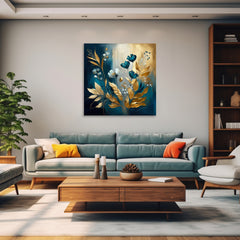 A canvas print featuring a vibrant floral design with gold and blue colors, displayed on a wall above a blue couch in a well-lit living room setting.