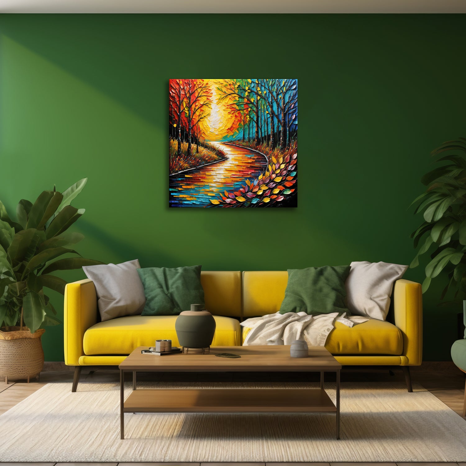 A vibrant canvas painting featuring a colorful forest path with trees and a sun flare, displayed on a green wall above a yellow sofa in a living room setting.