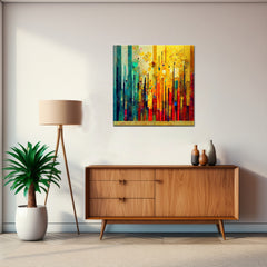 A vibrant abstract painting featuring vertical lines in multiple colors displayed on a wall above a wooden cabinet and a plant.