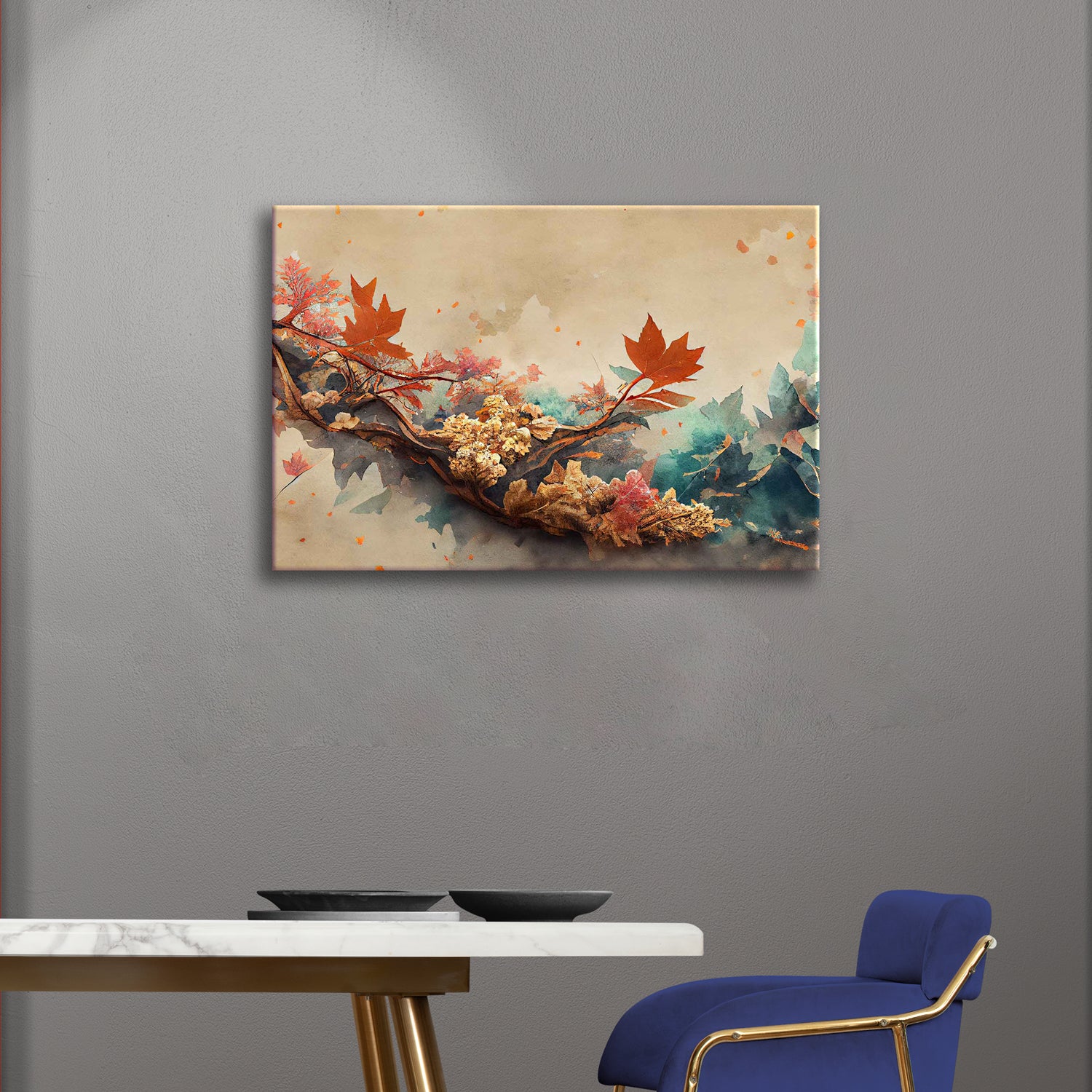 A canvas print featuring a branch with orange and red leaves against a beige background, displayed above a modern table and chair setup.