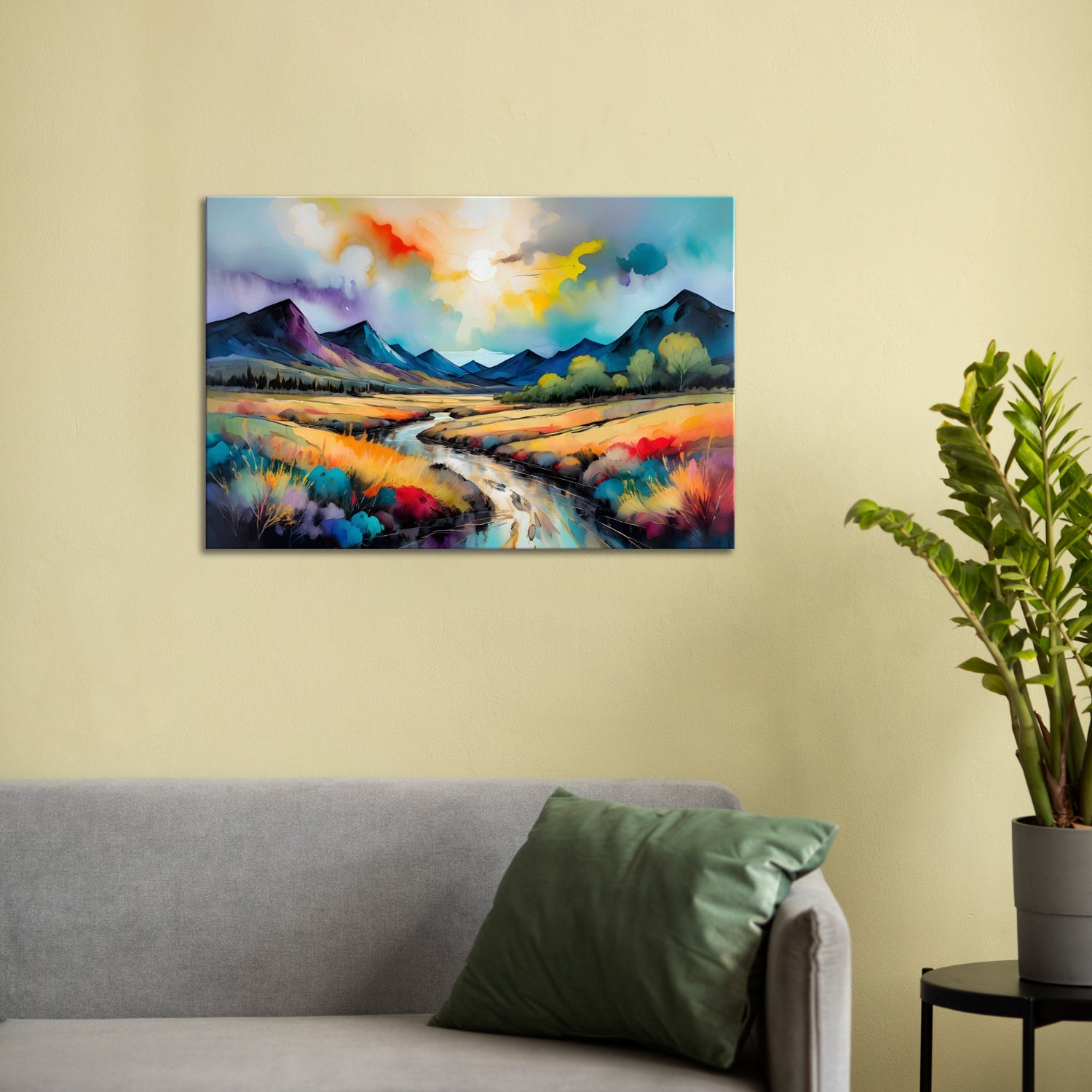 A canvas painting depicting a colorful landscape with mountains and a winding road, displayed above a grey sofa with a green cushion, in a home setting.