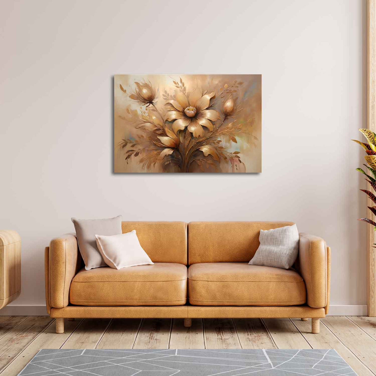 A canvas print featuring a detailed painting of brown and white flowers displayed above a tan sofa with white cushions.