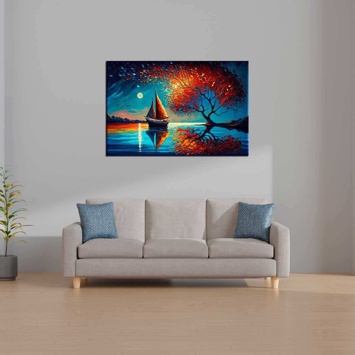 A canvas print featuring a vibrant painting with a boat, tree, and a colorful sky displayed above a gray sofa with two blue cushions.