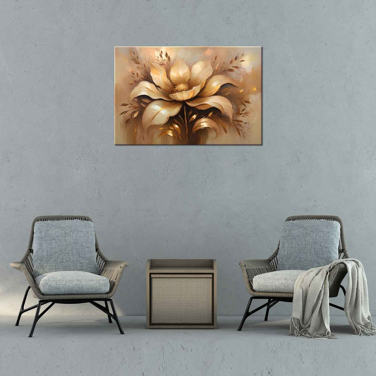 A canvas print of a floral painting featuring gold and beige colors, displayed on a wall between two armchairs and a table in a room with gray decor.