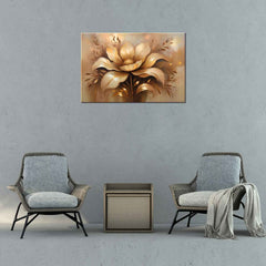 A canvas print of a floral painting featuring gold and beige colors, displayed on a wall between two armchairs and a table in a room with gray decor.