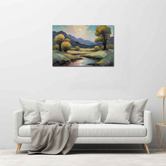 A canvas painting depicting a landscape with trees and a clear sky, displayed above a white sofa with a gray blanket on it.