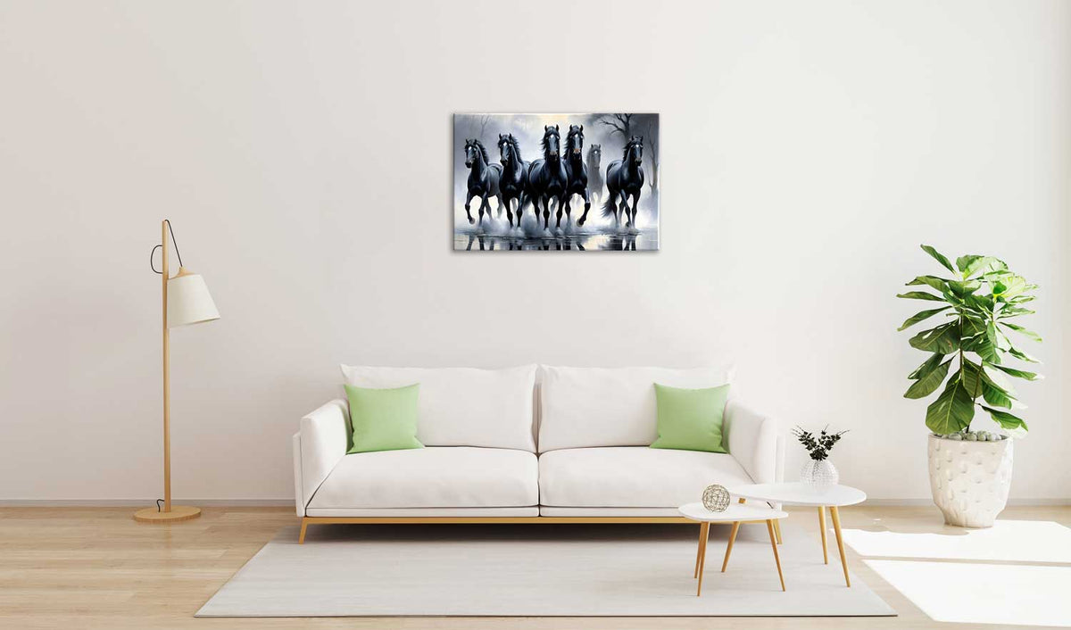 Black horse painting, running horses wall art, Vastu horse canvas, modern animal art, HD canvas painting.