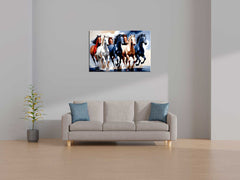 5 horses painting, multicolor horse canvas, vastu artwork, motivational wall art, office décor painting.