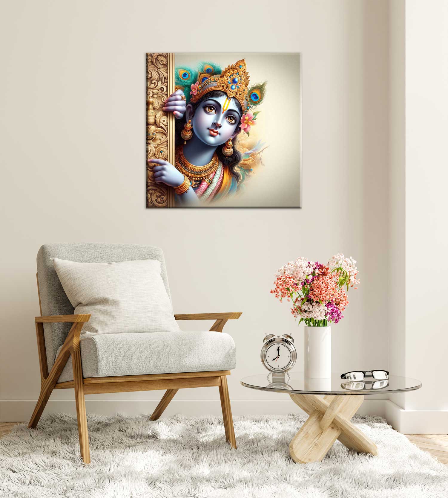 Krishna peeking art, devotional wall décor, Hindu god artwork, Pichwai inspired canvas.