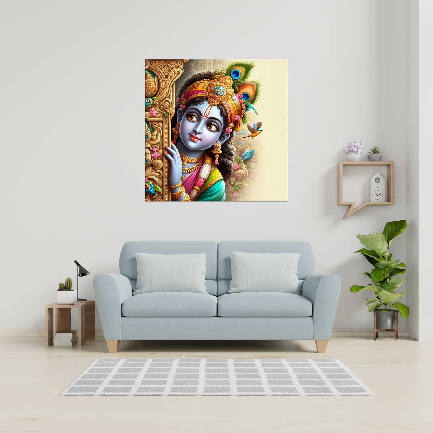 A canvas print of the Hindu deity Lord Krishna, displayed above a gray sofa in a room with a minimalist decor.