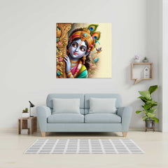 A canvas print of the Hindu deity Lord Krishna, displayed above a gray sofa in a room with a minimalist decor.