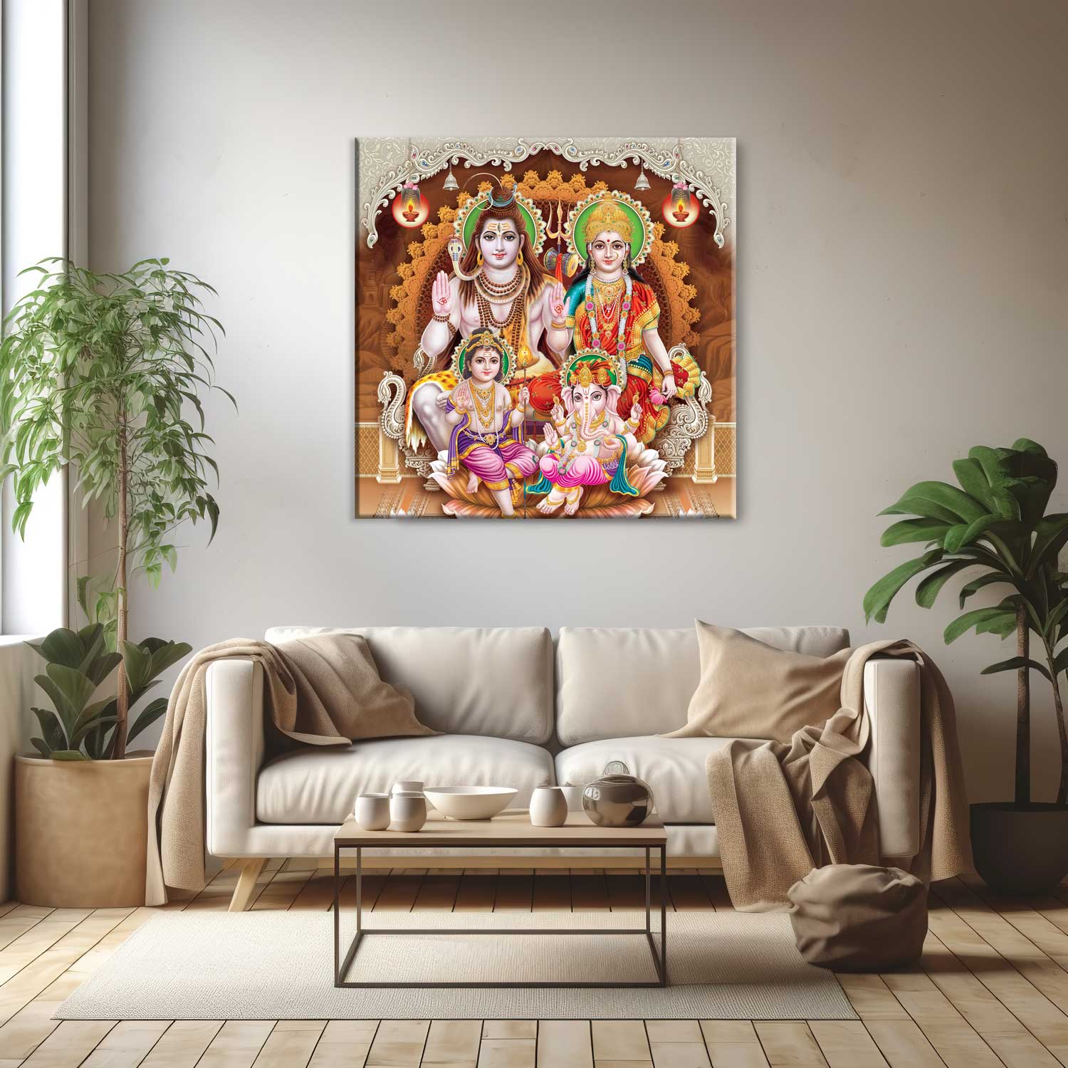 A canvas print depicting Hindu deities displayed above a modern living room setup with a sofa and houseplants.