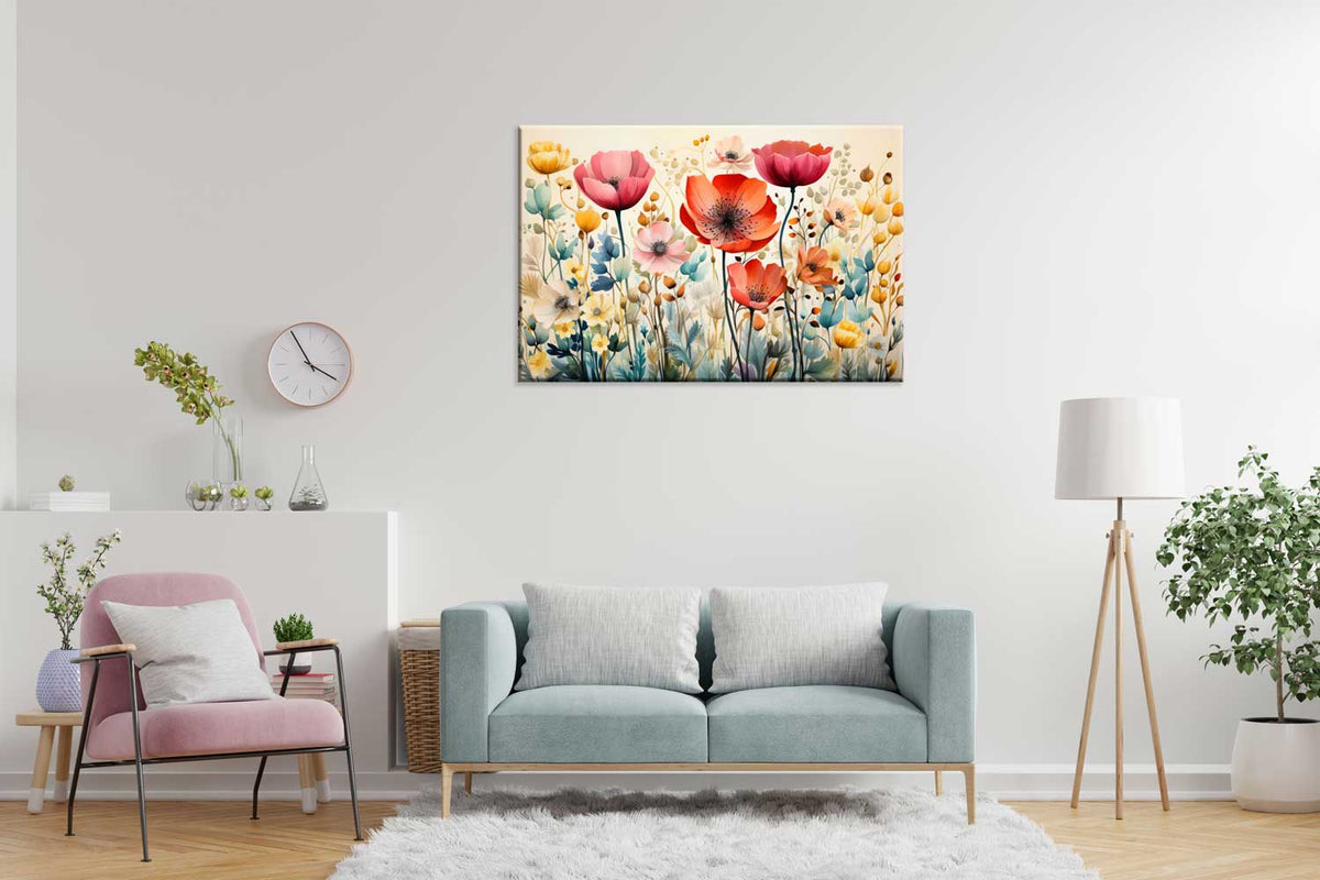 A canvas print featuring a vibrant floral arrangement displayed on a wall above a blue sofa in a well-lit, modern living room setting.