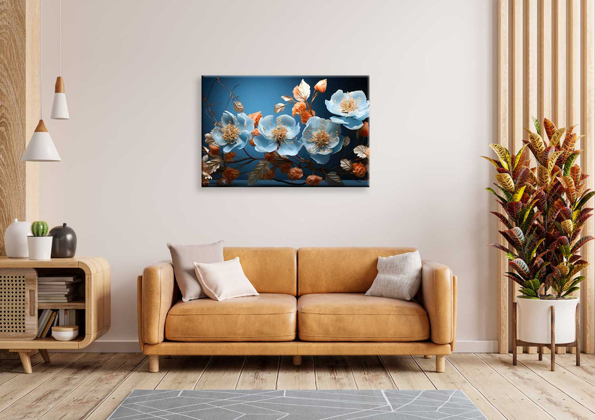A canvas print of blue and pink flowers displayed above a brown sofa in a room with minimalist decor and a wooden floor.