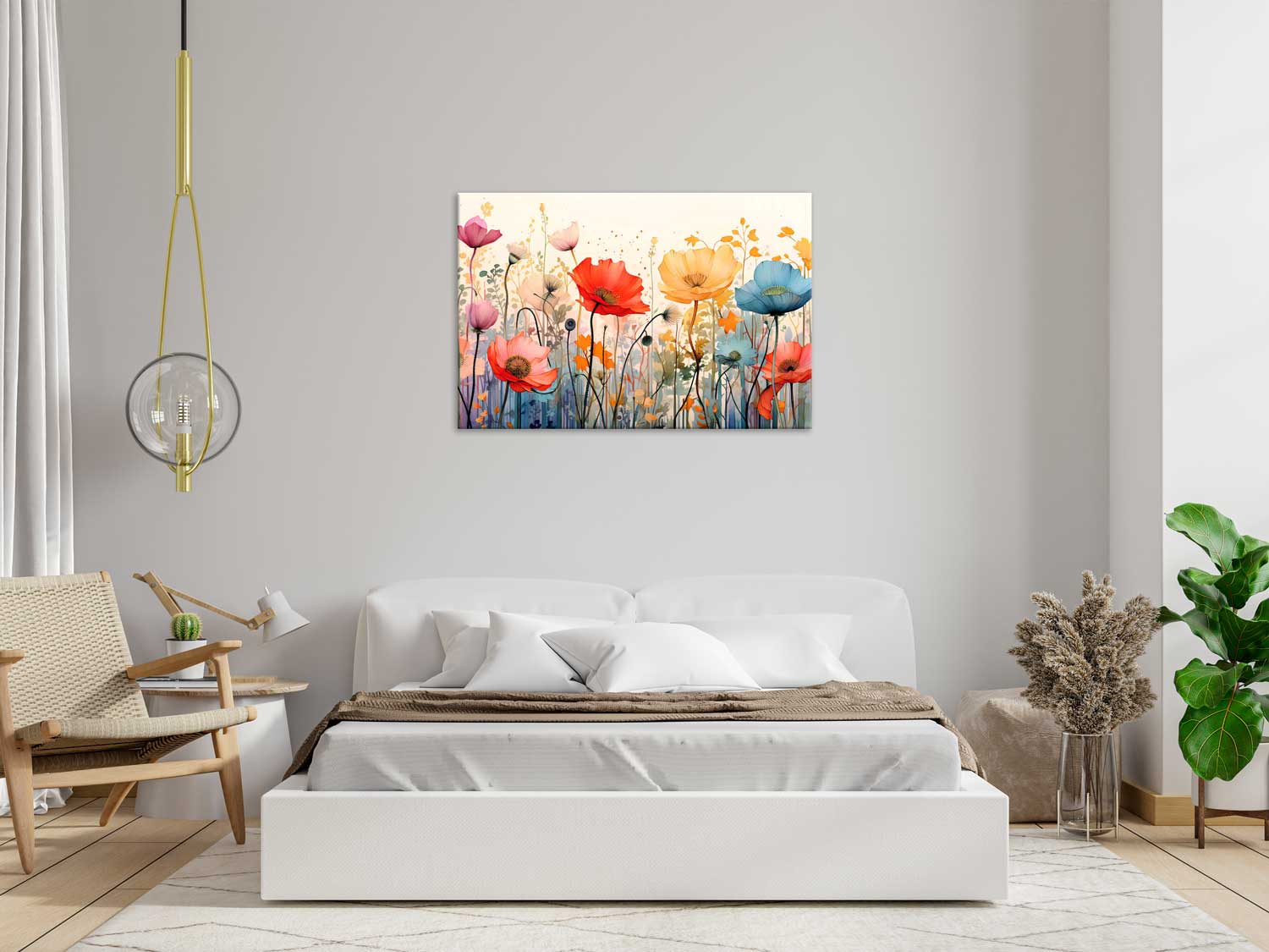 A canvas print featuring a vibrant floral pattern with various colors, displayed on a wall above a bed in a room with modern decor.