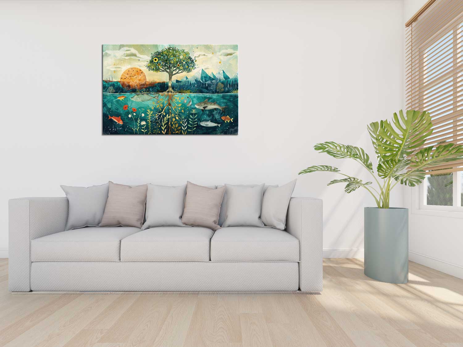 A whimsical painting depicting a tree with a whimsical face, displayed on a wall above a grey sofa in a room with a large window and a potted plant.
