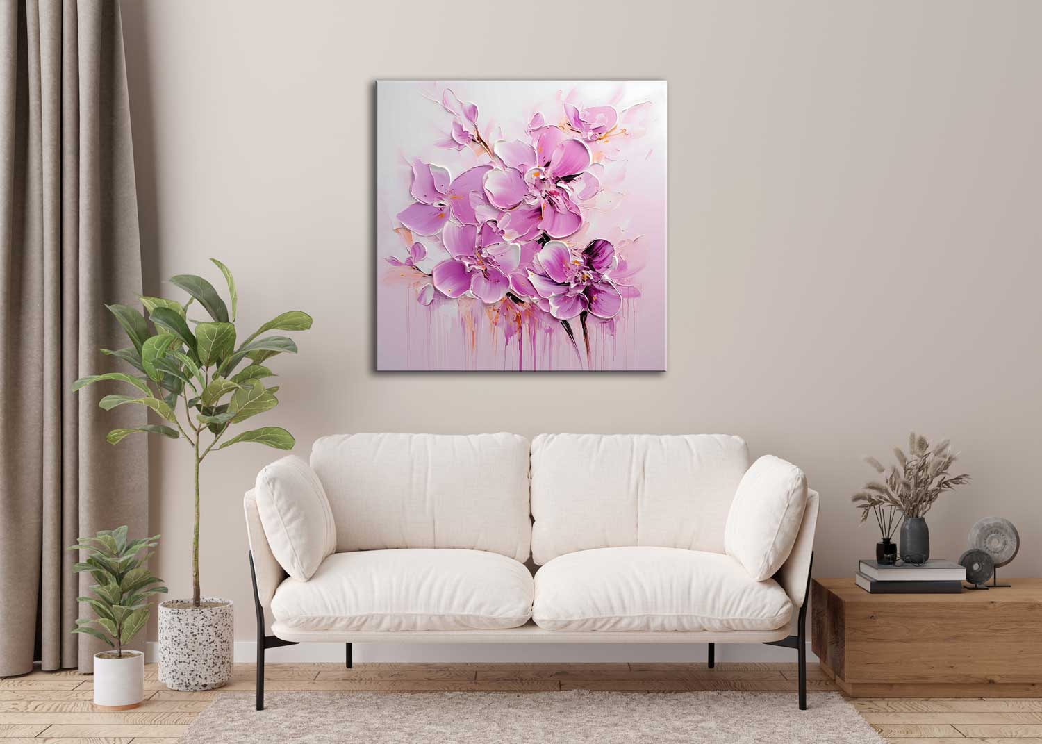 A canvas print featuring a vibrant painting of hyacinth flowers, displayed on a wall above a beige sofa with a wooden frame.