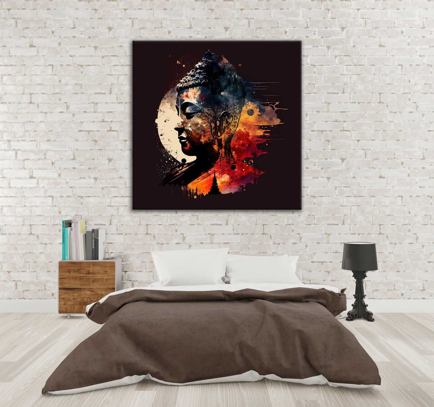 A canvas print featuring an artistic depiction of a figure, possibly a Buddha, with a stylized, abstract design in a multicolored palette, displayed on a wall in a room setting.