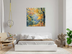 A canvas painting of a stylized leafy forest scene displayed above a bed in a room with a modern decor.