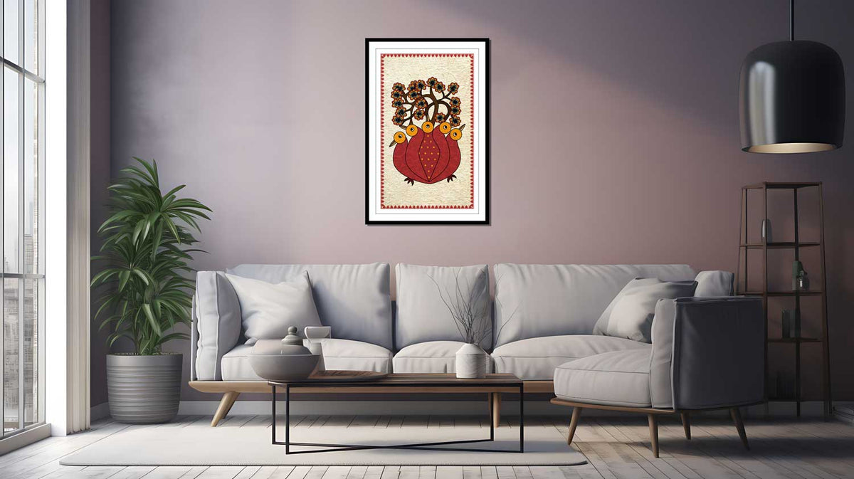 A canvas print featuring a traditional Indian gond art scene displayed on a wall above a modern sofa, with a potted plant and minimalist decor.