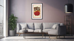 A canvas print featuring a traditional Indian gond art scene displayed on a wall above a modern sofa, with a potted plant and minimalist decor.