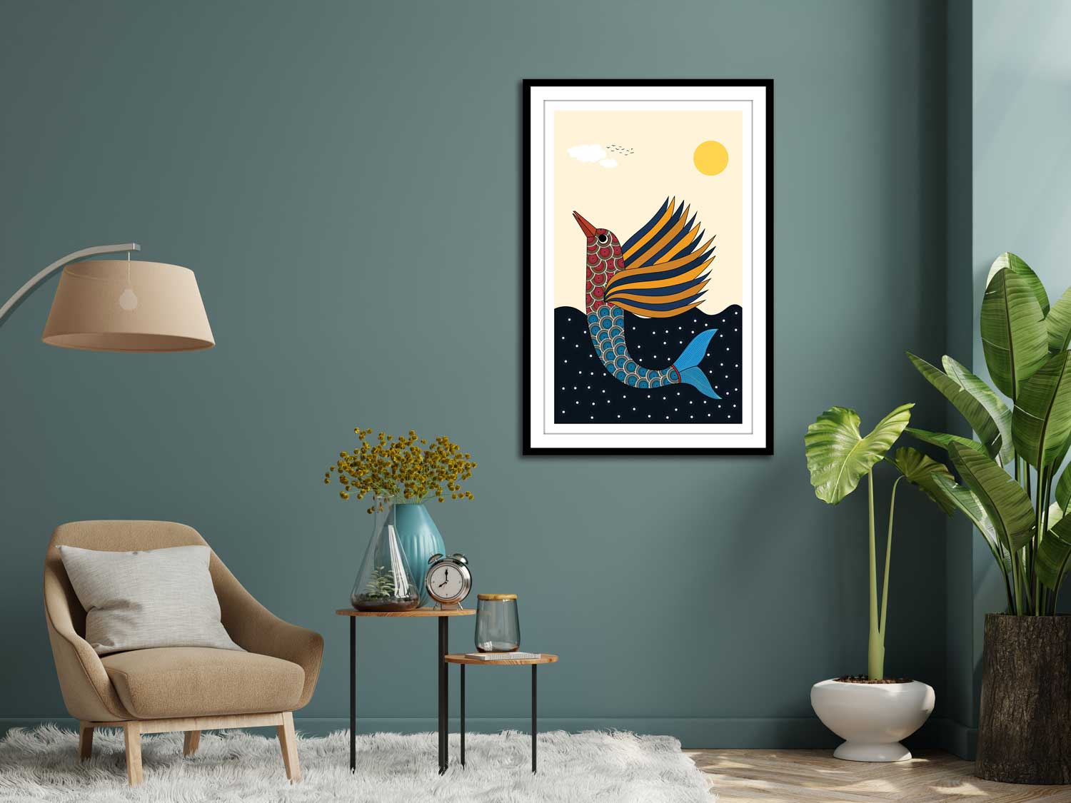 A canvas print featuring an artistic depiction of a bird and aquatic life, framed and displayed on a wall above a modern living room setup with a chair, lamp, and plant.