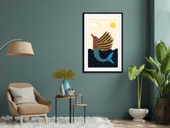 A canvas print featuring an artistic depiction of a bird and aquatic life, framed and displayed on a wall above a modern living room setup with a chair, lamp, and plant.