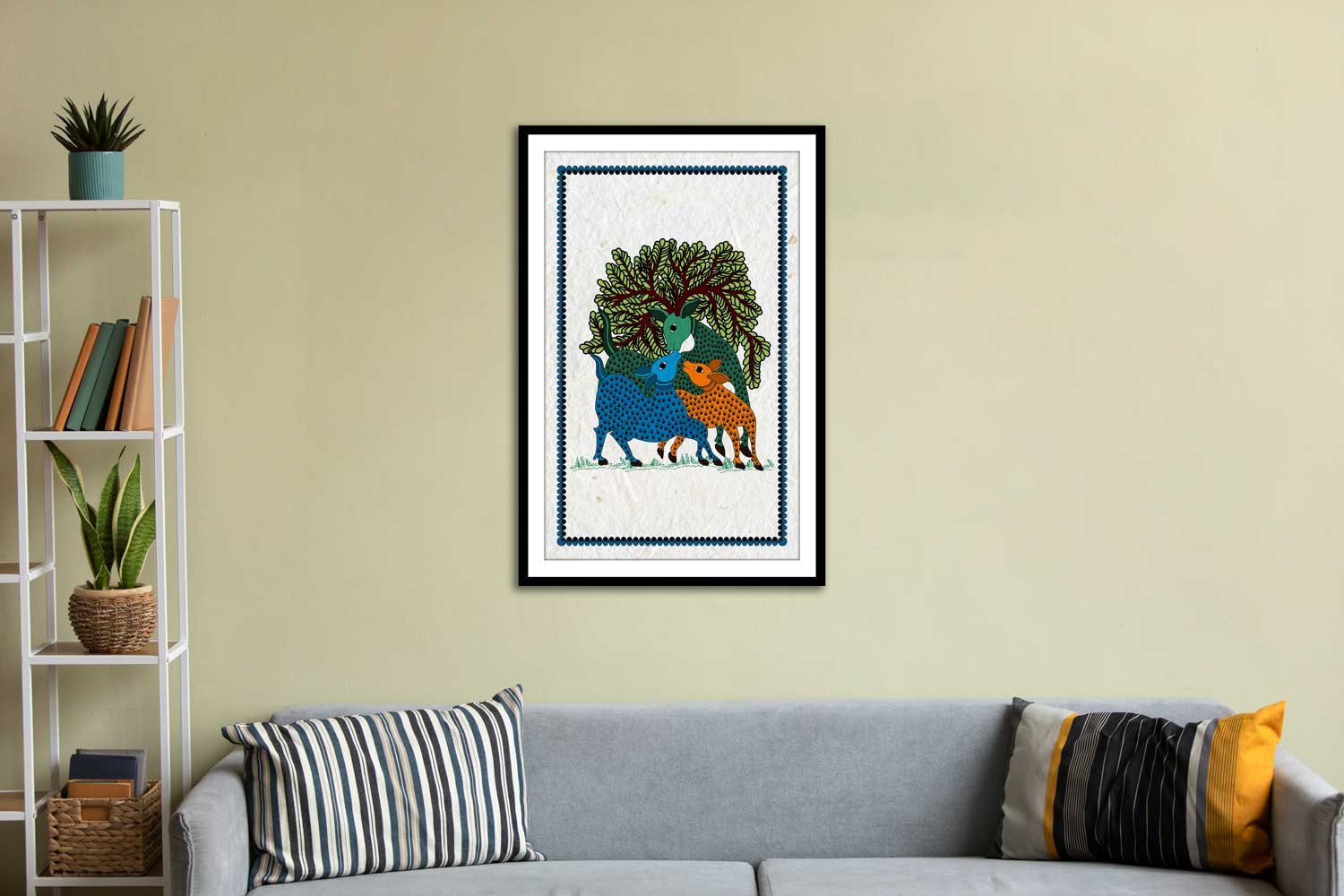 A framed canvas painting depicting a peacock displayed on a wall above a sofa, with a white shelf holding plants and decorative items to the side.