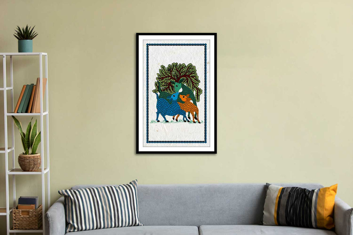 A framed canvas painting depicting a peacock displayed on a wall above a sofa, with a white shelf holding plants and decorative items to the side.