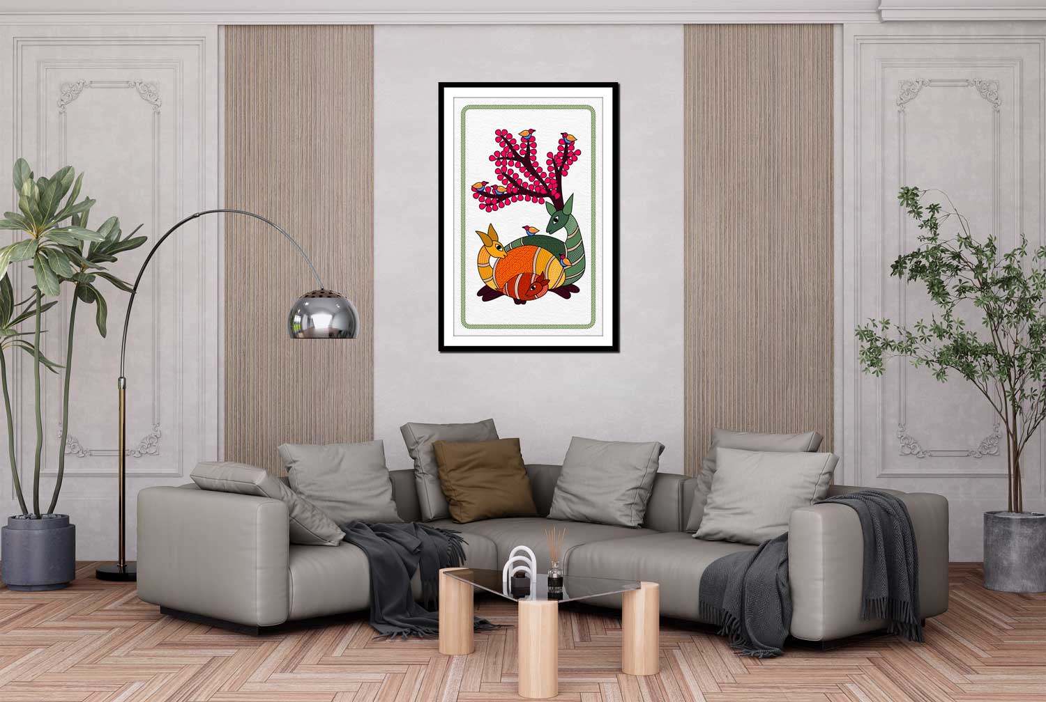 A canvas print featuring a colorful artistic depiction of a deer and floral elements, framed and displayed on a wall above a modern leather sofa in a well-decorated living room.