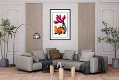 A canvas print featuring a colorful artistic depiction of a deer and floral elements, framed and displayed on a wall above a modern leather sofa in a well-decorated living room.