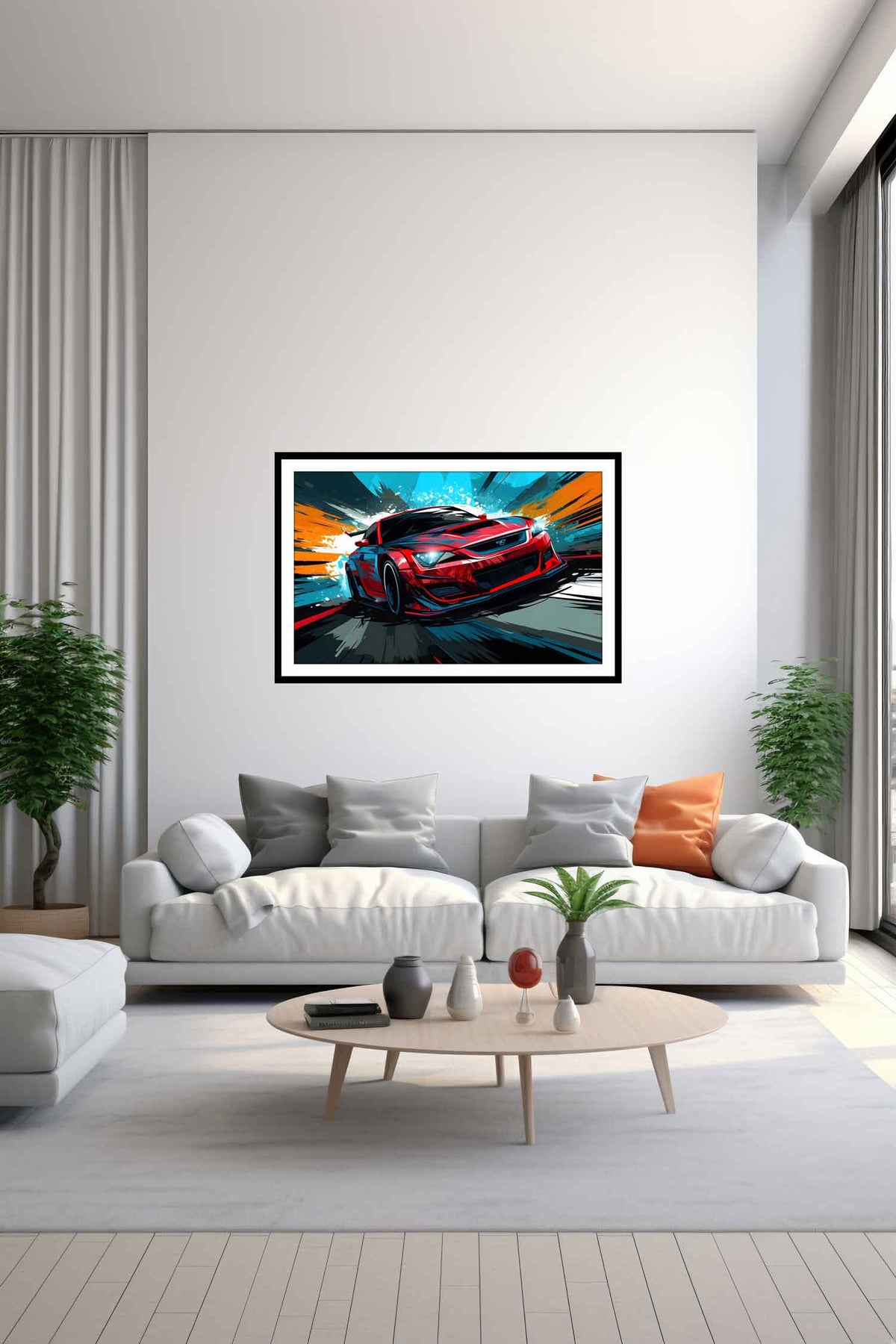 A framed canvas painting of a sport car displayed on a wall over a white sofa in a living room setting.