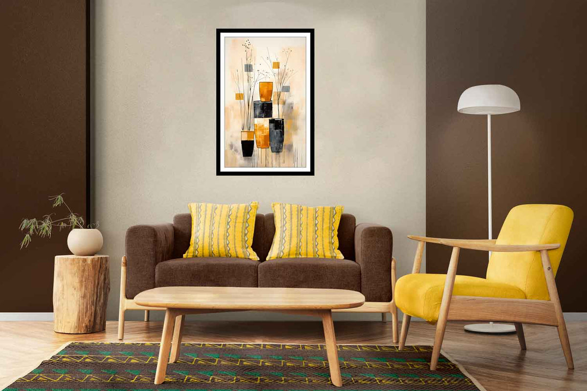 A canvas print featuring abstract art is displayed on a wall above a brown sofa with yellow and patterned pillows. The room also includes a wooden rocking chair, a white lamp, and a round area rug with a colorful pattern.