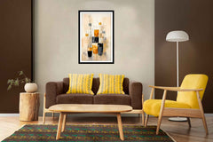 A canvas print featuring abstract art is displayed on a wall above a brown sofa with yellow and patterned pillows. The room also includes a wooden rocking chair, a white lamp, and a round area rug with a colorful pattern.