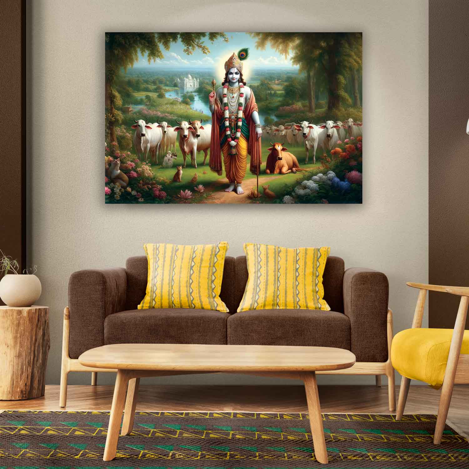 A canvas print depicting a painting of Lord Radha Krishna with a colorful background, displayed on a wall above a modern sofa set.