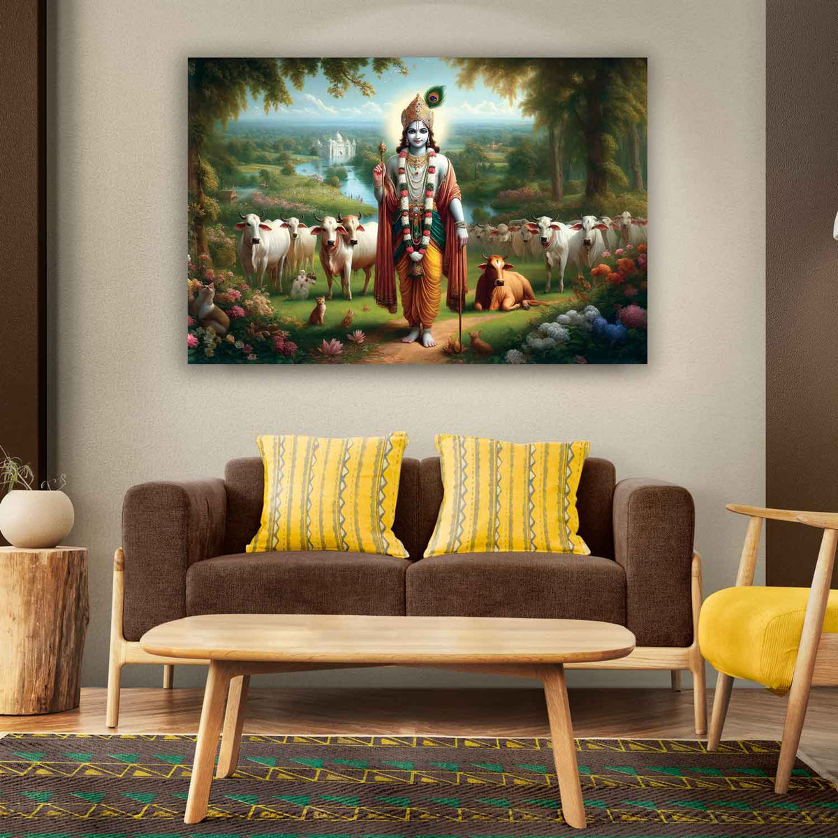 A canvas print depicting a painting of Lord Radha Krishna with a colorful background, displayed on a wall above a modern sofa set.