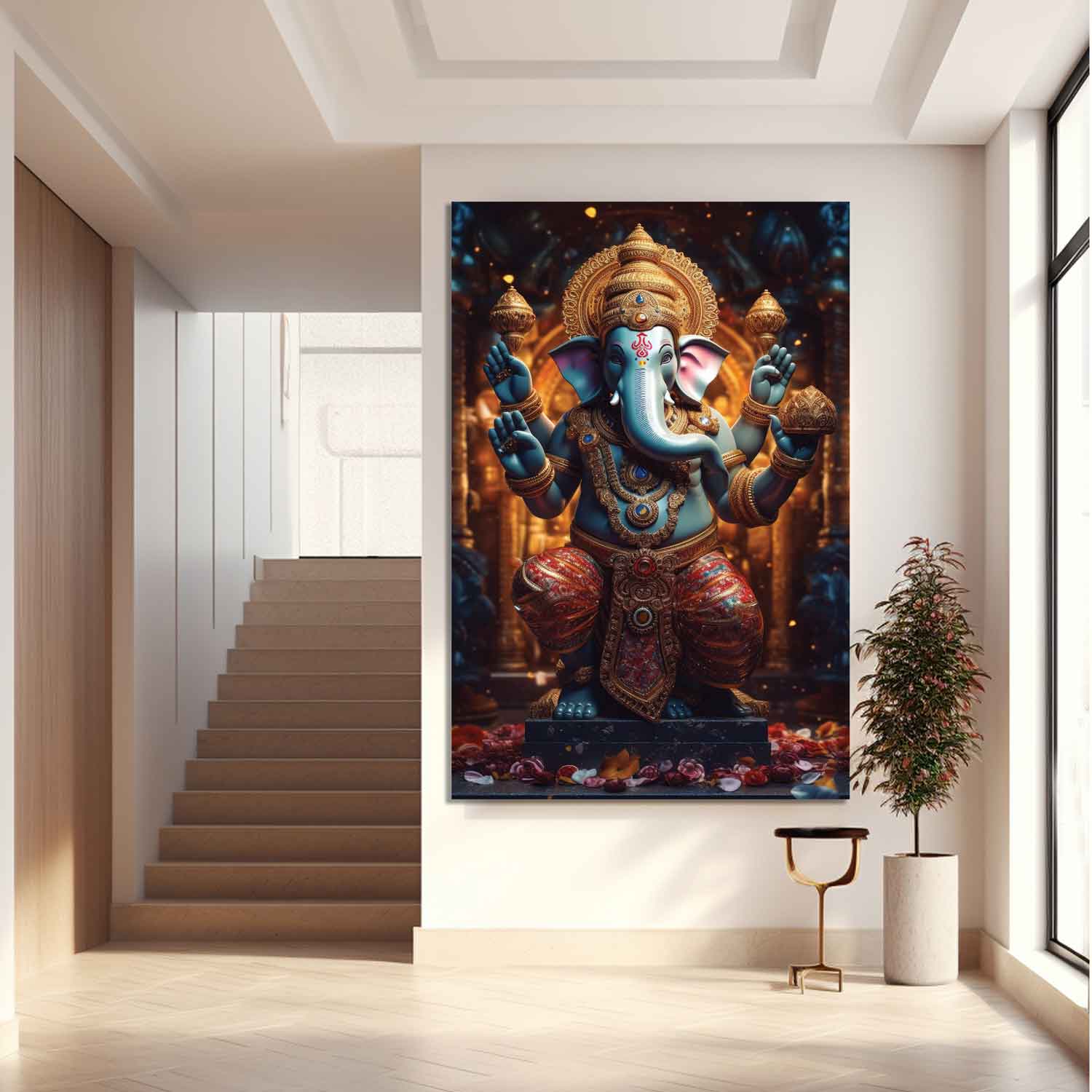 A canvas print of the Hindu god Ganesha, depicted with multiple arms and a blue elephant head, standing in a position of power with a colorful background.