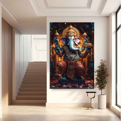 A canvas print of the Hindu god Ganesha, depicted with multiple arms and a blue elephant head, standing in a position of power with a colorful background.
