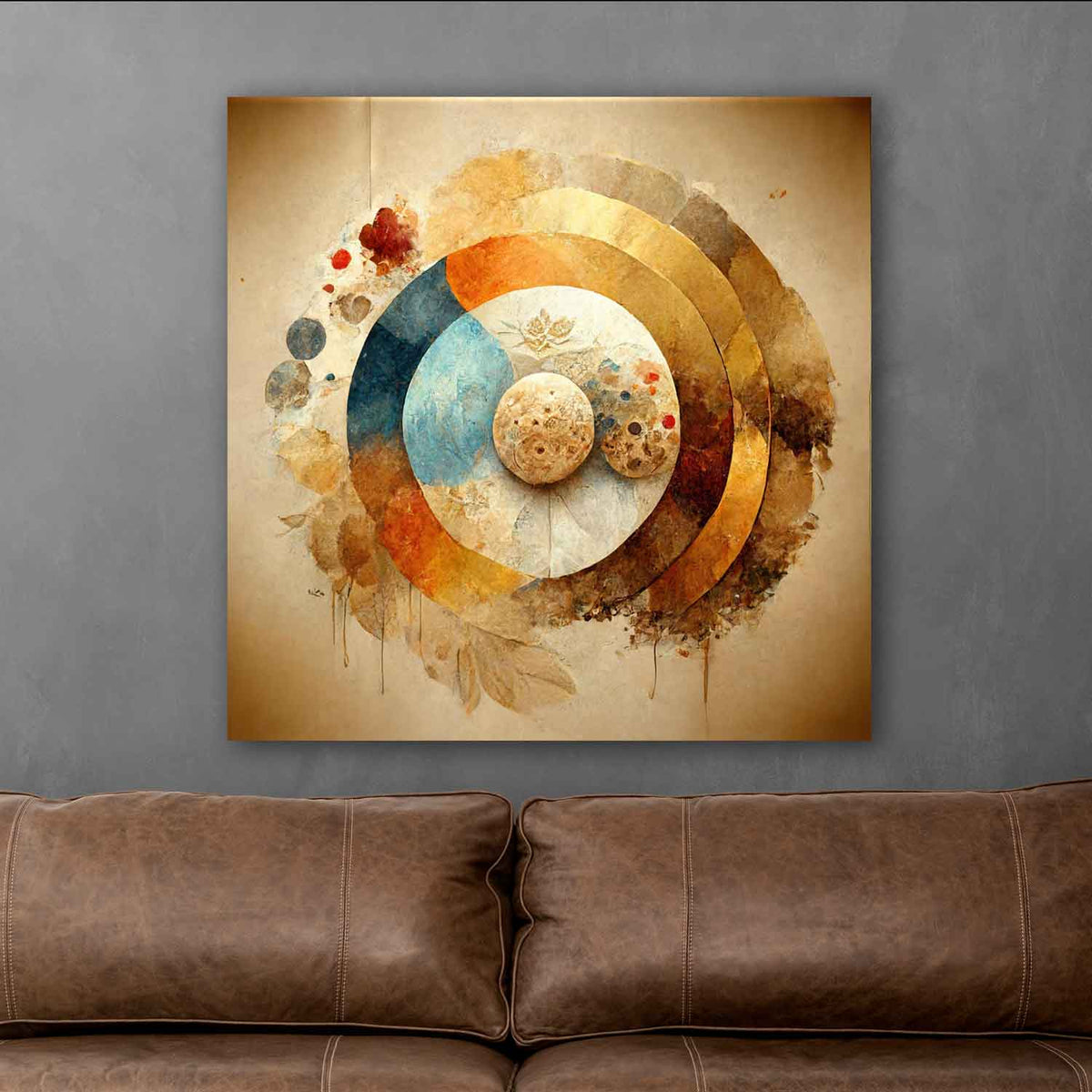 A canvas print featuring an abstract circular pattern with a central point from which radiate colorful, curved lines and shapes, resembling a stylized representation of the solar system or a target.