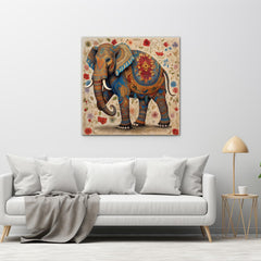 A canvas print featuring a colorful illustration of an elephant with a traditional and decorative pattern, displayed on a wall above a modern sofa with a wooden frame and a lamp.