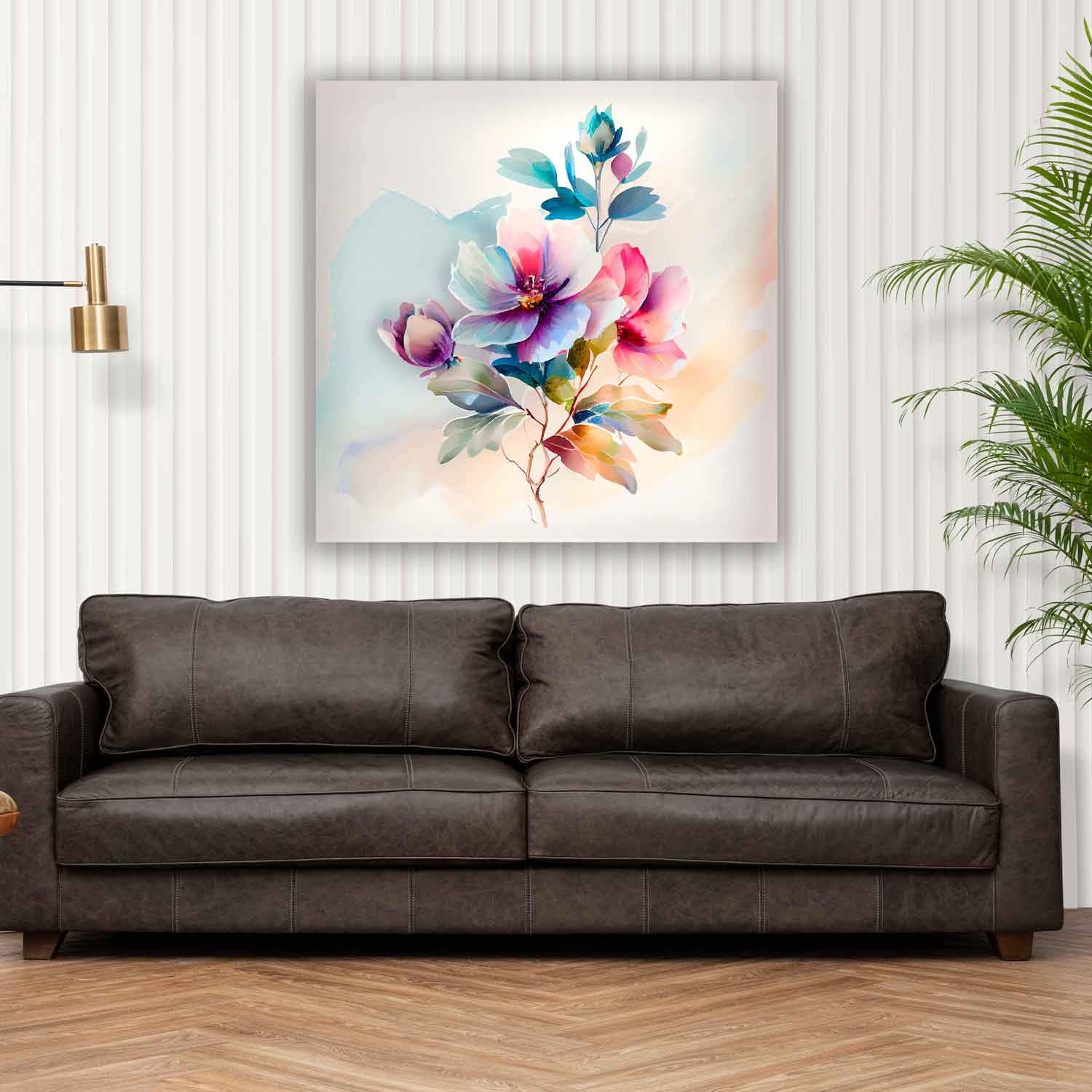 A canvas print featuring a multicolor flower pattern, displayed on a wall above a brown sofa, with a wooden floor and a plant in the background.
