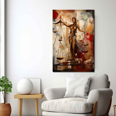 A canvas print featuring a stylized female figure with a scale in the background, positioned in the center of the frame, with a blend of abstract and representational elements.