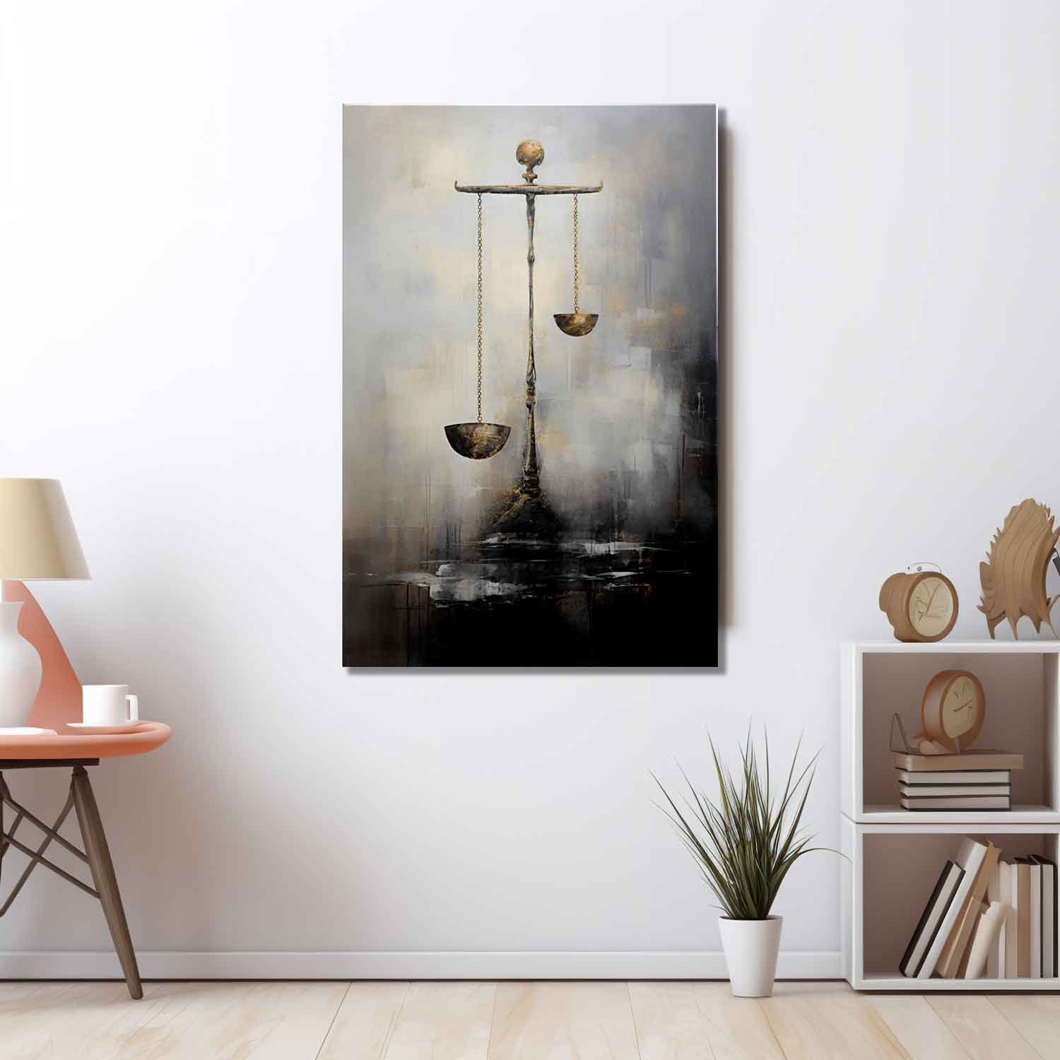A canvas print featuring a scale with two round balances and a dark background, hanging on a wall above a wooden table with a plant and some decorative items.